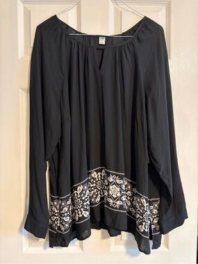 Old Navy Black Boho Tunic Blouse XXL Long Sleeve Keyhole Floral Border Print Top